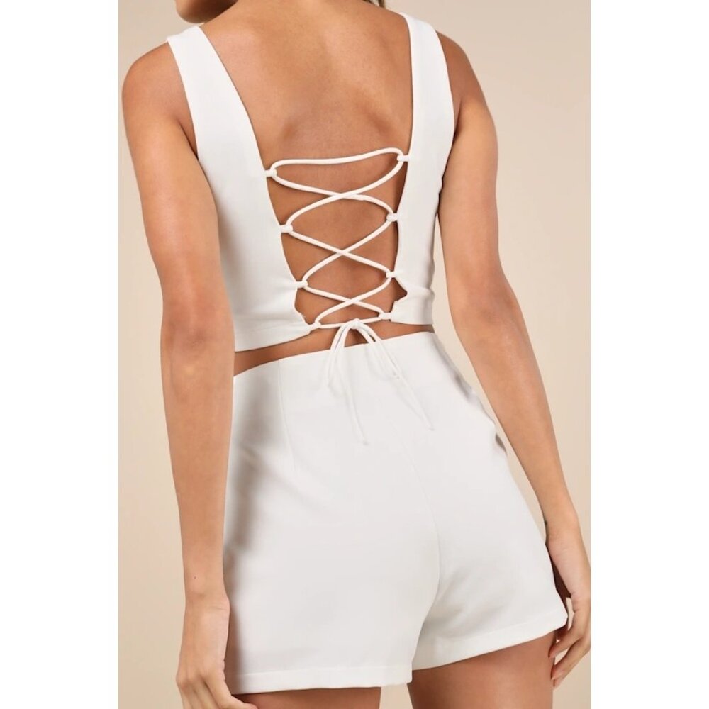 Lulus Exceptionally Styled Ivory Lace-Up Crop Top Sz Small Womens White